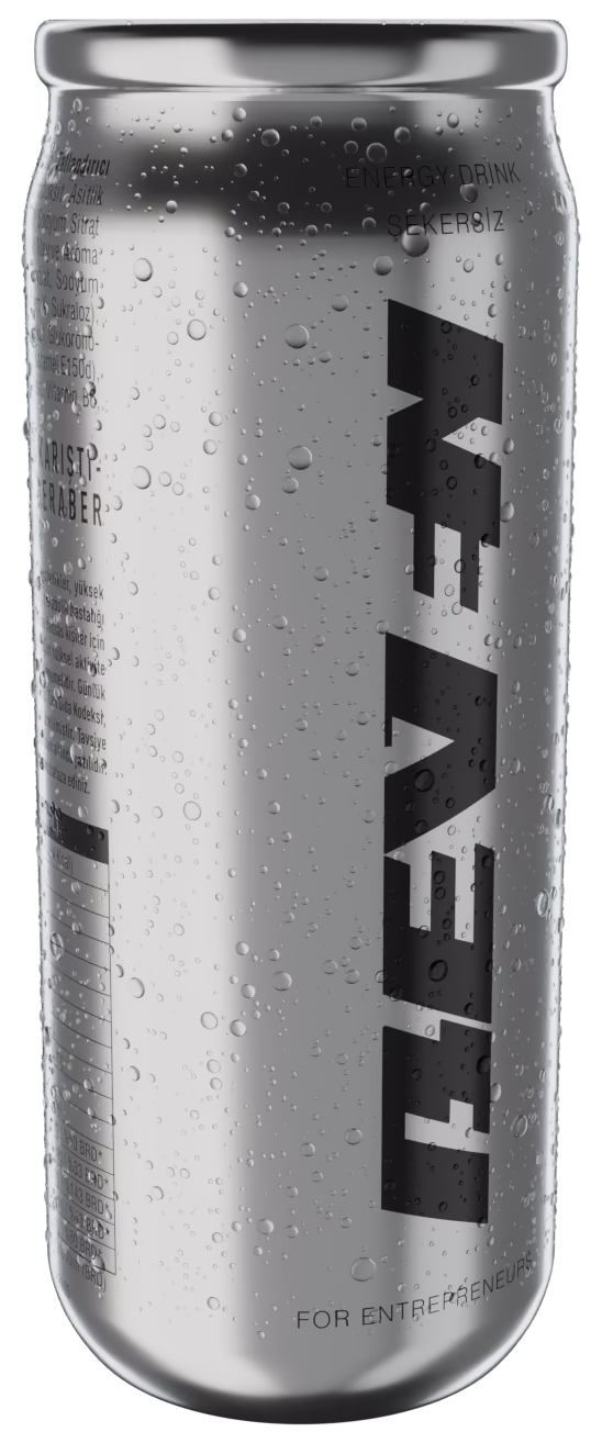 The BEVEN can, front three-quarter, cold with condensation